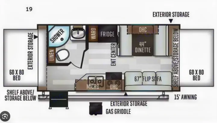 Detailed RV rental floor plan: This travel trailer layout features beds, a shower, dinette, and kitchen. Perfect for adventures.. Rockwood Roo19 2022
