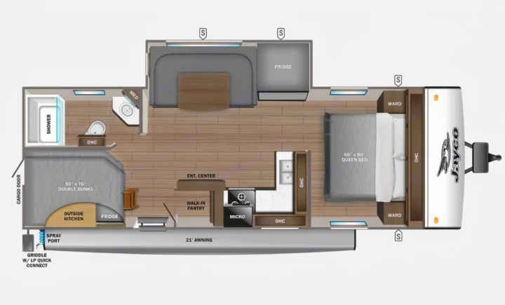 Jayco RV rental floor plan: Detailed interior layout shows queen bed, bunks, kitchen, bath, and outside amenities.. Jayco Jay Feather 2024