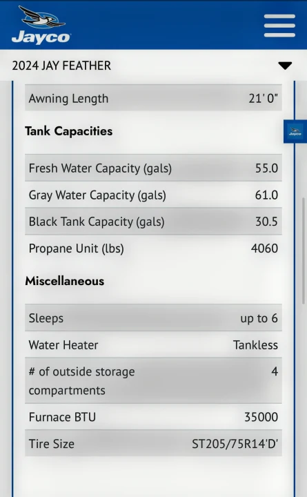 Detailed specifications for a 2024 Jay Feather RV, useful for rv rental decisions. Shows tank capacities, sleeping up to 6, and more.. Jayco Jay Feather 2024