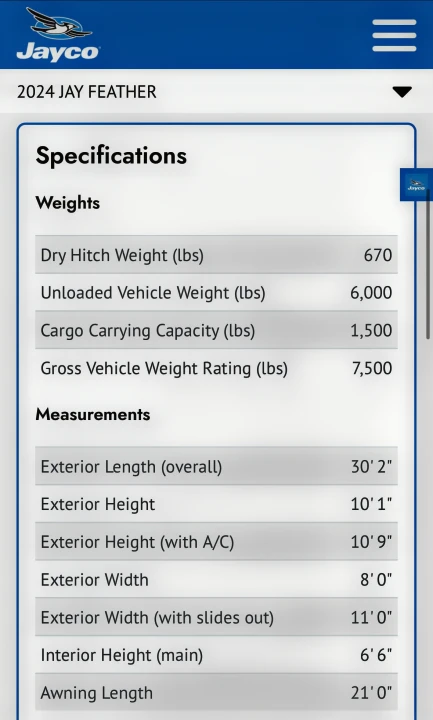 Essential 2024 Jay Feather RV specifications: weights and measurements, valuable for rv rental or buying decisions.. Jayco Jay Feather 2024