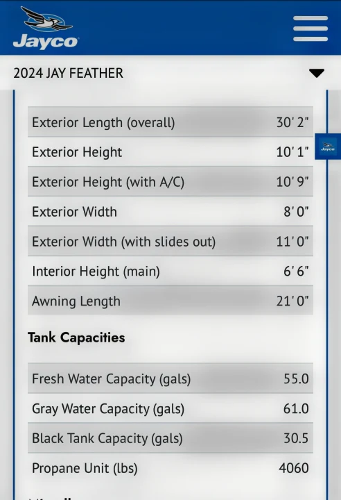 RV rental planning? View 2024 Jay Feather RV specifications: dimensions, heights, widths, and tank capacities.. Jayco Jay Feather 2024