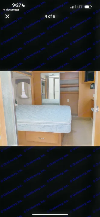 RV rental bedroom featuring a comfortable bed, ample storage, and mirrored closets. Ideal for your next journey.. Heartland RVs Cyclone Toy Hauler 2008