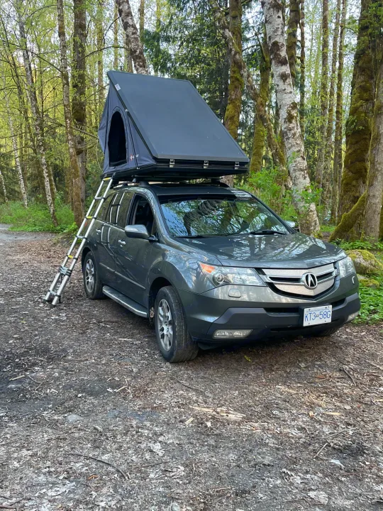 RV rental alternative: Grey Acura SUV with a deployed roof top tent & ladder, parked in a British Columbia forest. Ready for adventure camping!. Other Other 2007