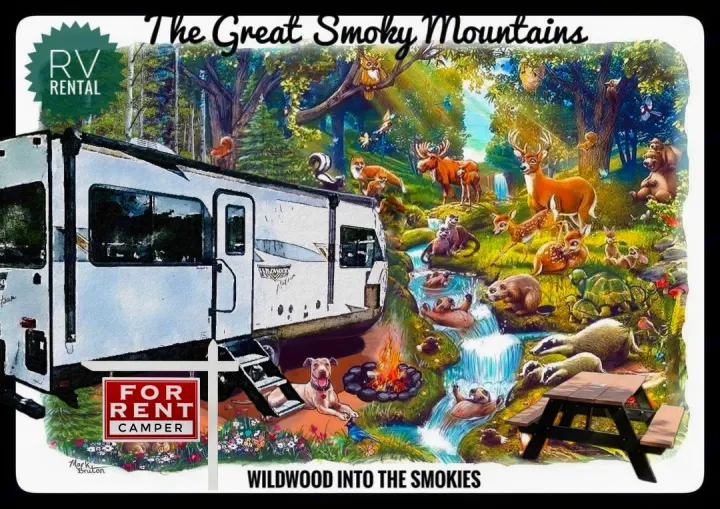 RV rental: Wildwood camper in a vibrant Smoky Mountains forest with wildlife, campfire, and picnic area.. Forest River Wildwood Platinum 2024