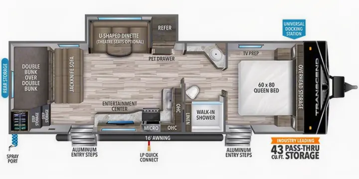 RV interior layout for rv rental: Features a queen bed, double bunks, kitchen, bathroom, and dinette space.. Grand Design Transcend Xplor 2022