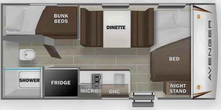 RV rental floor plan: Bunk beds, dinette, bed, kitchen (fridge, micro, OHC), shower, toilet, nightstand.. Prime Time Avenger LT 16BH 2023