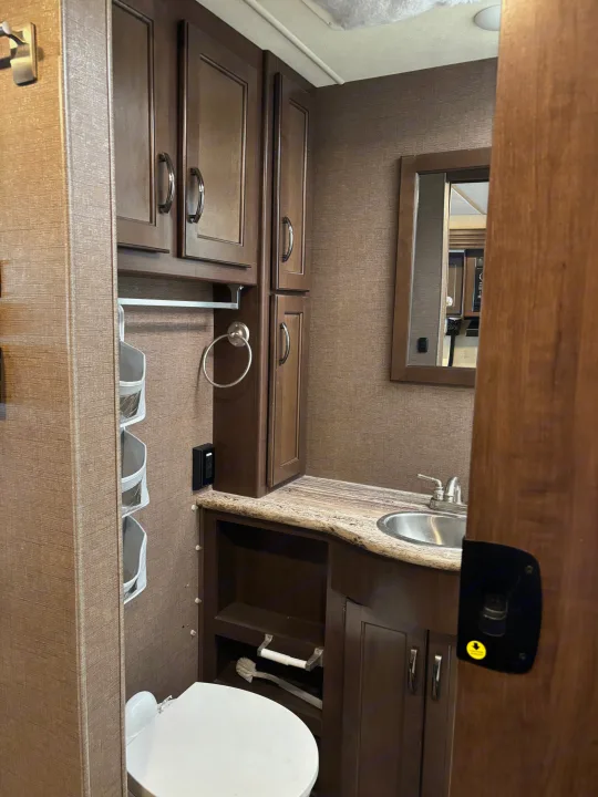 This RV rental bathroom features a compact layout with a toilet, sink vanity, mirrored cabinet, and ample storage, ideal for travel.. Thor A.C.E. 2018