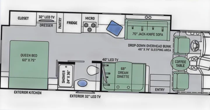 Detailed RV rental floor plan: See the queen bed, 70" sofa, 68" dinette, kitchen, bath, and 46"x74" drop-down bunk.. Thor A.C.E. 2018