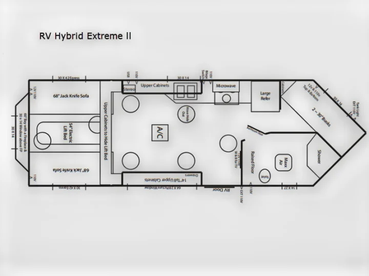 An RV rental floor plan for the "RV Hybrid Extreme II," detailing its interior layout with sleeping, kitchen, and bathroom areas.. Ice Castle Fish Houses Toy Hauler 2022