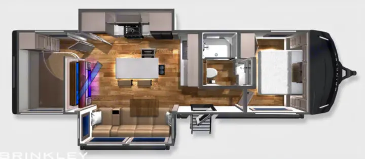 RV rental floor plan showcasing a spacious travel trailer interior: kitchen, living, bath, and bedroom layouts.. Brinkley Air 295 2025