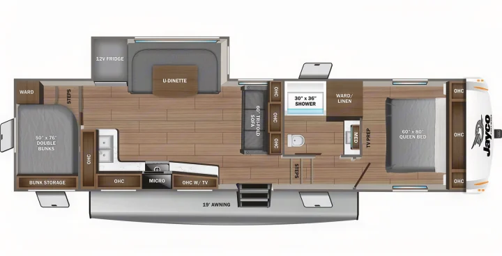 This rv rental floor plan reveals a spacious interior with queen bed, double bunks, U-dinette, kitchen, and full bath.. Jayco Eagle Super Lite 2025