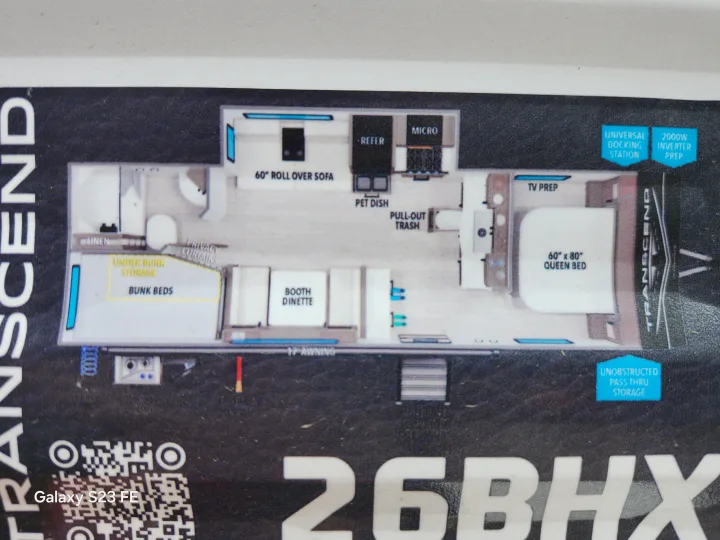 Transcend 26BHX travel trailer RV rental floor plan, detailing queen bed, bunk beds, kitchen, and living areas.. Grand Design Transcend 2025