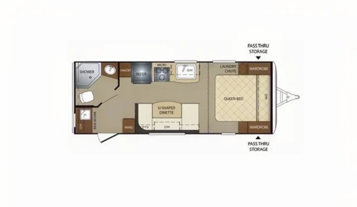 Detailed RV rental floor plan showing queen bed, U-dinette, kitchen, bathroom, & storage.. Keystone RV Bullet Ultra Lite 2012