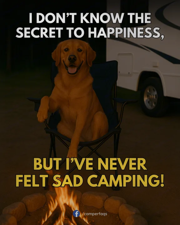 A happy golden retriever enjoys a campfire, with an RV behind it. Find your joy with an RV rental for your next camping trip!. Forest River Wildwood Platinum 2024
