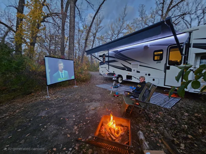 RV rental campsite at dusk: a cozy campfire, outdoor movie on screen, and a person relaxing by the RV.. Jayco Greyhawk 2023