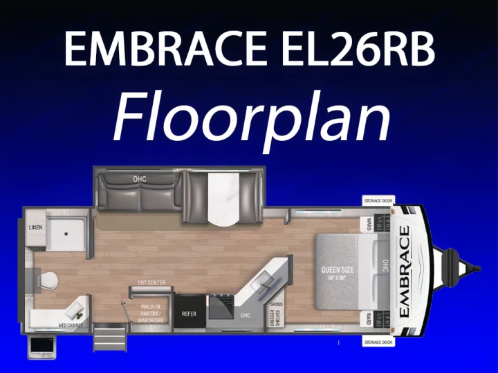 This Embrace EL26RB RV floorplan, ideal for rv rental, details its interior layout with a queen bed, kitchen, living space, and bath.. Cruiser Embrace EL26RB 2024