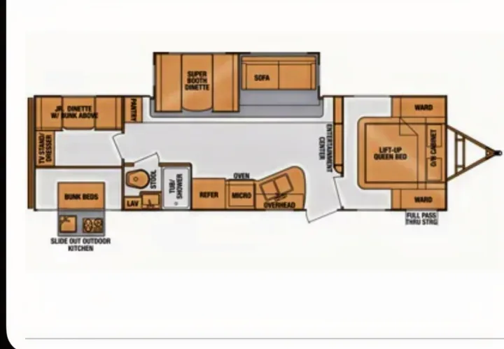 RV rental floor plan shows interior layout: kitchen, bath, dining, queen bed, bunks, and a slide-out outdoor kitchen.. Cruiser RV Radiance 2015