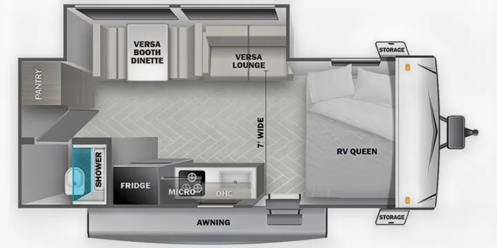 An RV rental floor plan showing a compact interior with dinette, lounge, queen bed, kitchen (fridge, micro, OHC), & bath (shower).. Forest River Wildwood 2021