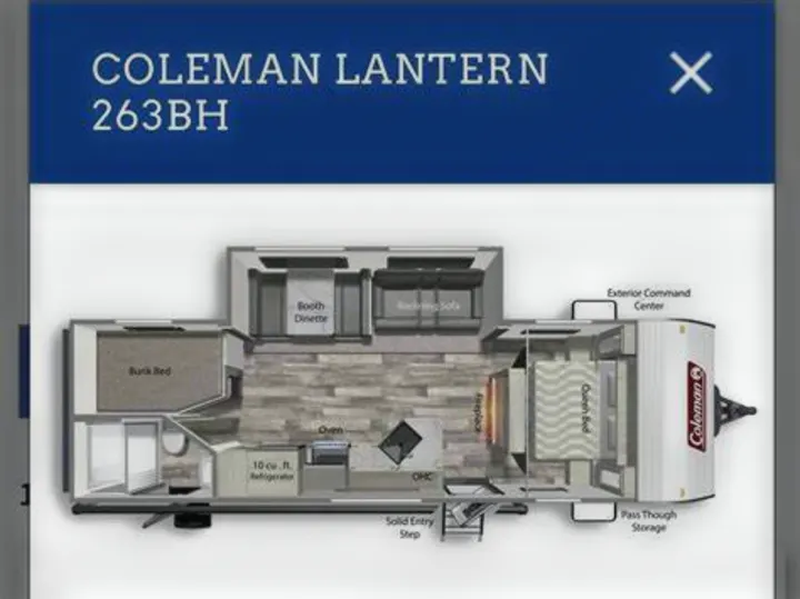 This Coleman Lantern 263BH travel trailer floor plan, ideal for an RV rental, shows its interior layout with a queen bed, bunk beds, and a dinette.. Coleman Lantern 2022