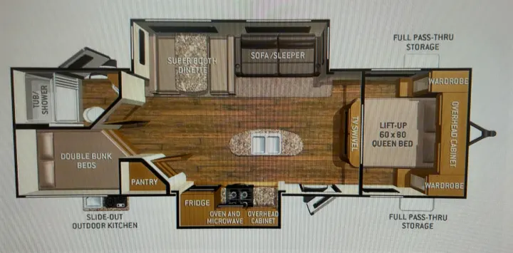Detailed RV rental floor plan with queen bed, bunks, kitchen, bath, and sofa, perfect for family travel.. Cruiser RV Shadow Cruiser 2015