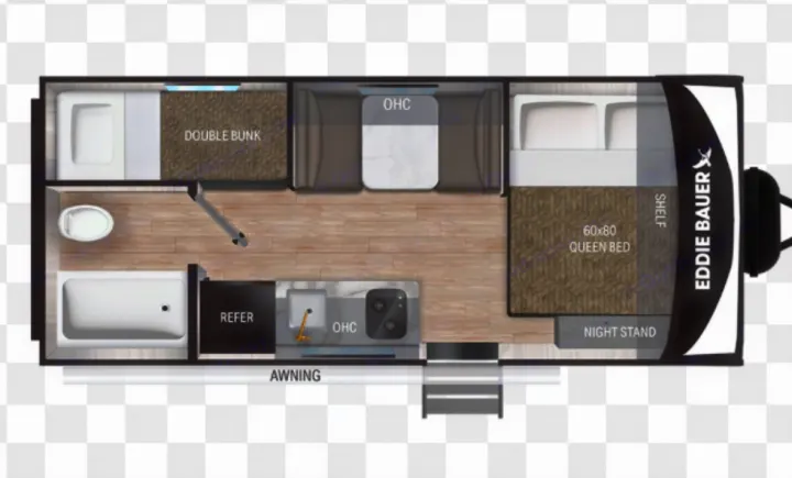 Detailed RV rental floor plan: queen bed, double bunk, kitchen, bath, dinette. Ideal for your next outdoor adventure.. Heartland Eddie Bauer 2025