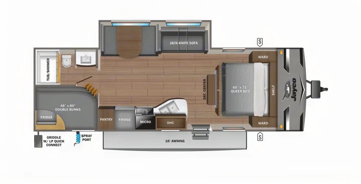 Detailed RV rental floor plan diagram: queen bed, double bunks, kitchen, bath, living area, and 16' awning shown.. Jayco Jay Flight SLX8 2020