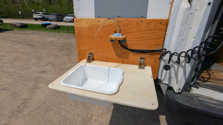 An RV rental's side-mounted, portable sink streams water into a basin for outdoor washing, seen at a sunny campsite.. Gmc Savana 2011