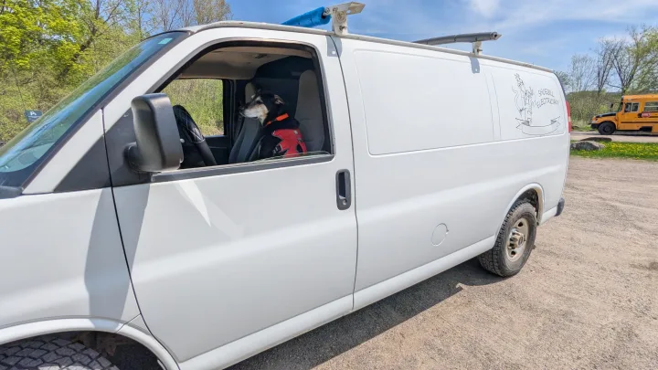 A white utility van with a dog in the driver's seat. A versatile vehicle to consider for an rv rental adventure.. Gmc Savana 2011