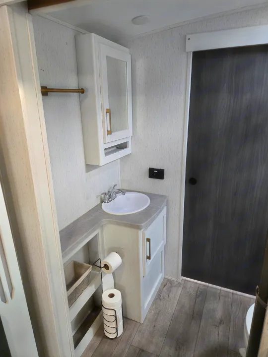 Modern RV rental bathroom featuring a compact vanity with sink, mirrored cabinet, and a dark wood door for functional space.. Dutchman Astroia 2022