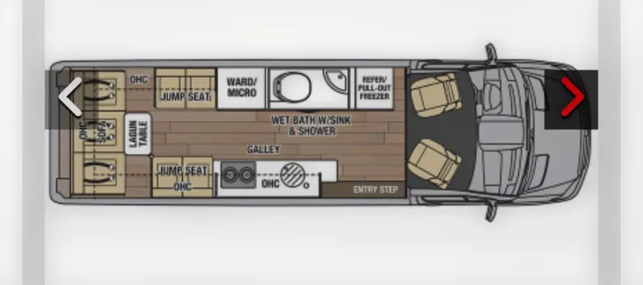 RV rental floor plan detailing front seats, mid-section galley, bath, and rear sofa/jump seats with a table.. Coachmen Galleria Li 3 (24Q) 2021