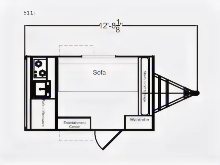 Compact RV rental floor plan: 12' 8 1/8" trailer layout with kitchen, sofa, entertainment center, wardrobe, storage.. Riverside RV Intrepid 2023