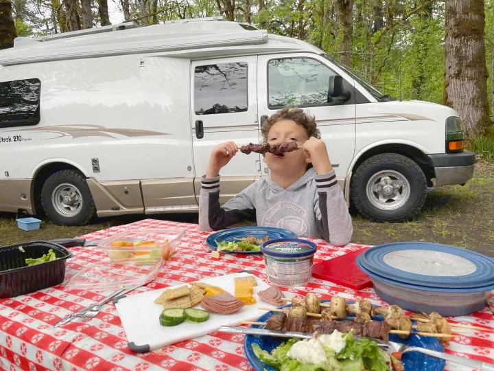 Enjoying a picnic at an RV rental campsite. A child eats skewers at a checkered table with food, next to a Roadtrek van.. Roadtrek 210 - Popular 2005