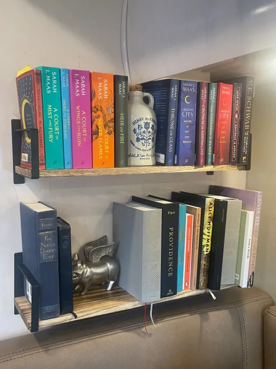 Bookshelves packed with novels, including Sarah J. Maas series, providing reading options in this cozy RV rental setup.. Renegade Custom Coaches Vienna 2021
