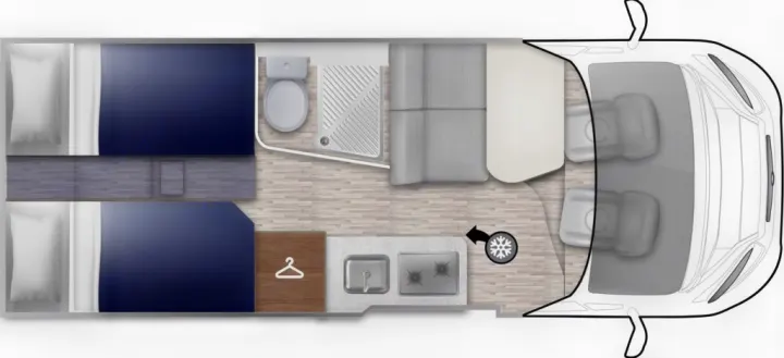 This RV rental floor plan shows a motorhome interior with twin beds, bathroom, kitchen, and convertible dinette.. ELNAGH DUO XL 2025