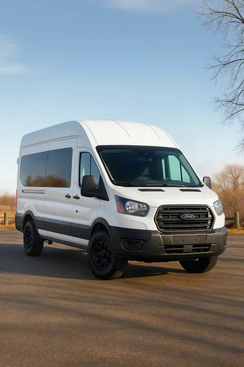 A white Ford Transit camper van with off-road tires, perfect for your next RV rental adventure. Parked outdoors under blue sky.. Ford Transit 2019