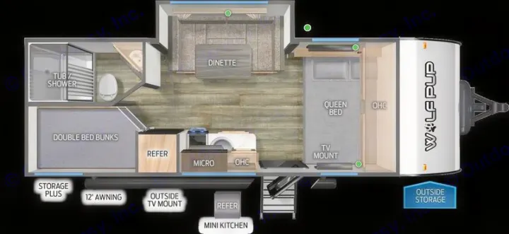 Explore this RV rental's detailed floor plan: Wolf Pup travel trailer with queen bed, bunks, kitchen, and full bath.. Cherokee WOLF PUP BLACK LABEL 17JWBL 2025