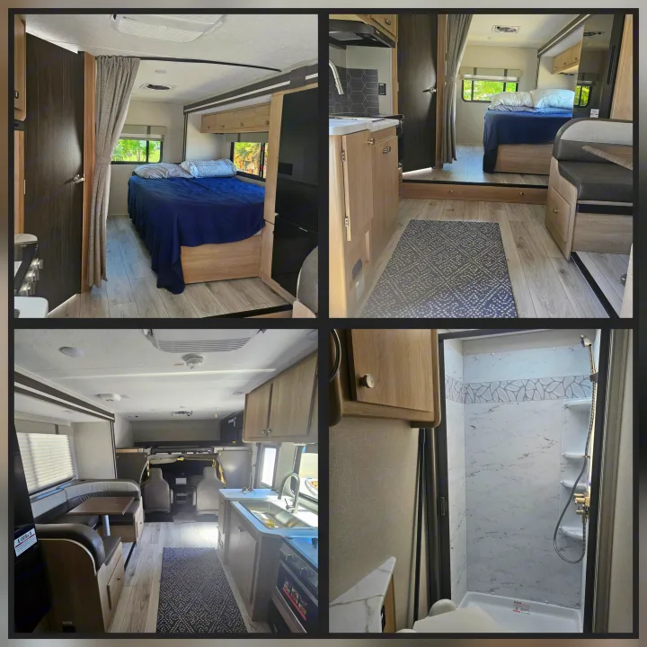 Interior views of a modern rv rental: bedroom, living area with dinette, kitchen, and shower.. Coachmen Leprechaun 230fs 2025