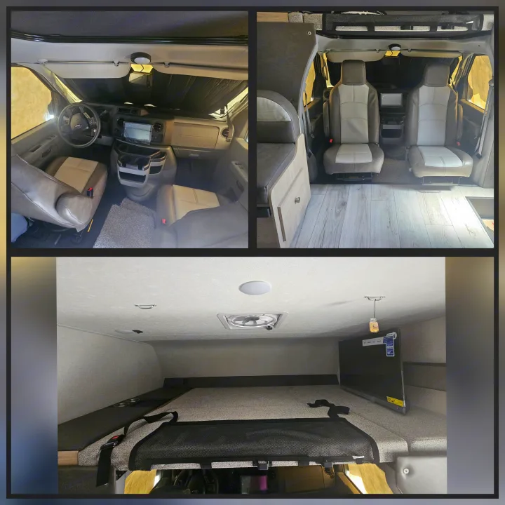 Spacious RV rental interior showcasing the front cabin with swiveling seats and a cozy cab-over bunk for comfort.. Coachmen Leprechaun 230fs 2025
