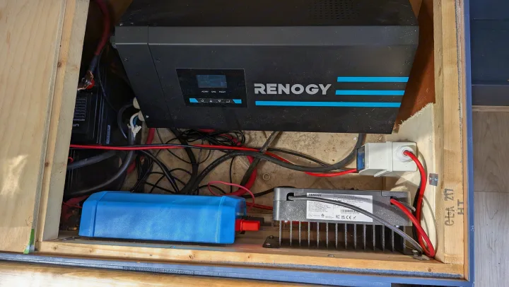 Inside an RV rental: a Renogy solar, battery, inverter, and charge controller setup for off-grid power.. Coachmen Clipper 2008