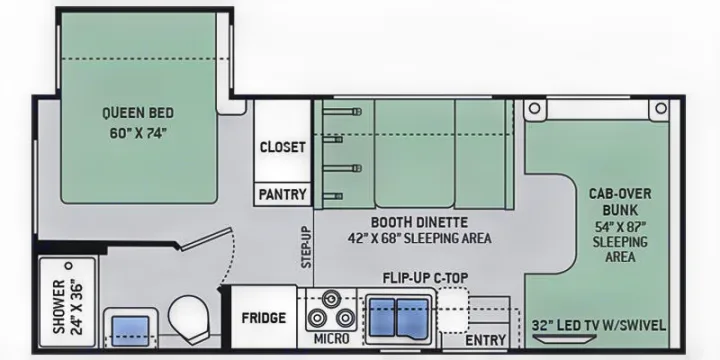 RV rental floor plan: queen bed, shower, dinette, and cab-over bunk. Visualizing the spacious interior for travel.. Thor Freedom Elite 2017