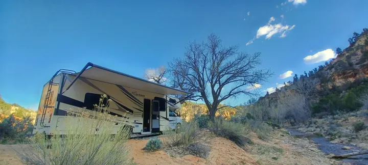 Class C RV rental parked by a stream and a bare tree in a rugged desert canyon under blue skies.. Forest River Coachmen Freelander 2019