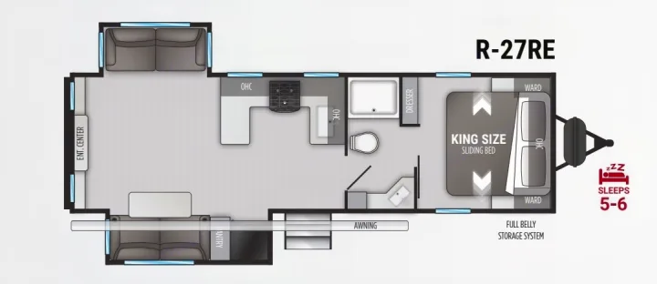 R-27RE RV rental floor plan with king bed, kitchen, bath, and living area layout. Sleeps 5-6, ideal for families.. Cruiser RV Radiance 2022
