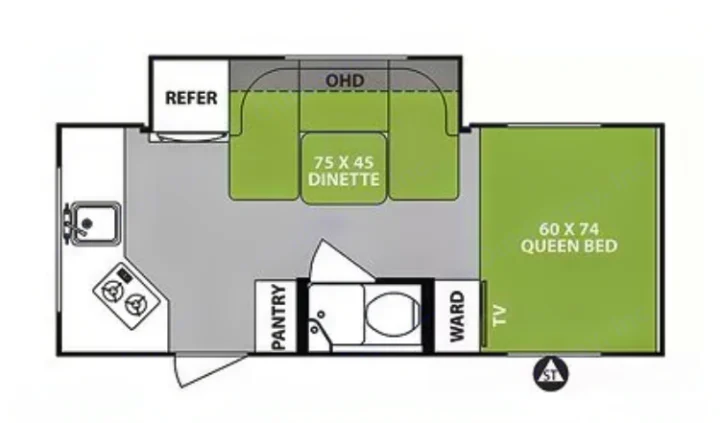 Explore this RV rental's floor plan: queen bed, dinette, kitchen, and bath layout for your next road trip.. R-Pod Hood River Edition 2018