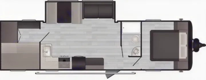 Overhead RV rental floor plan: A spacious layout featuring a bedroom, bathroom, kitchen, and comfortable living area.. Keystone Springdale Classic 291BRC 2025