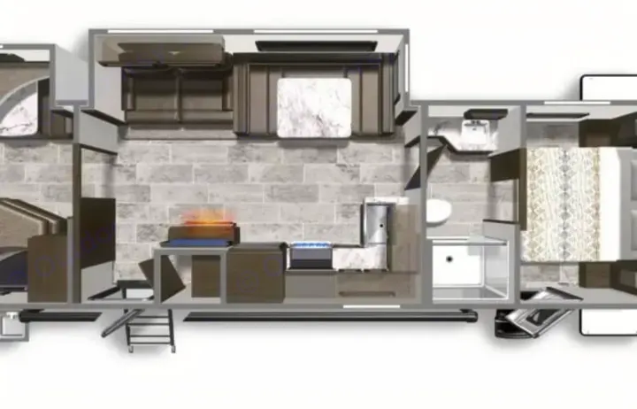 RV rental interior floor plan: An overhead view revealing kitchen, dining, bathroom, and bedroom within a compact layout.. Dutchmen Coleman Light 2020