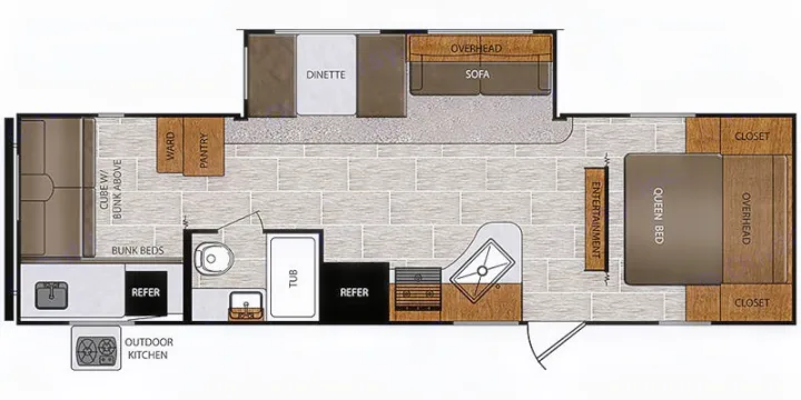 RV rental floor plan showing a family-friendly layout: queen bed, bunk beds, full kitchen, bathroom, dinette, and outdoor kitchen.. Forest River Avenger ATI 2018