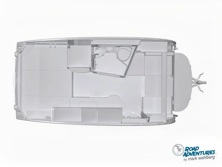 Transparent top-down view of a Road Adventures RV rental's interior, detailing its spacious layout and design.. nuCamp T@B 2025