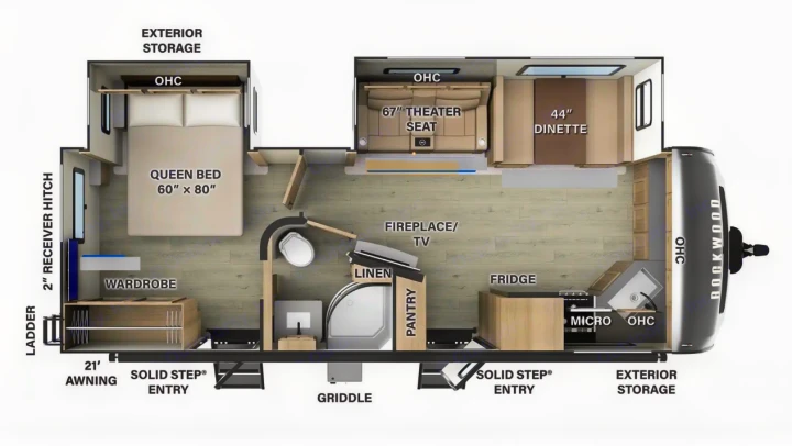 RV rental floor plan: Rockwood travel trailer showing queen bed, theater seat, dinette, full kitchen & bath.. Forest River Rockwood Ultra Lite 2024