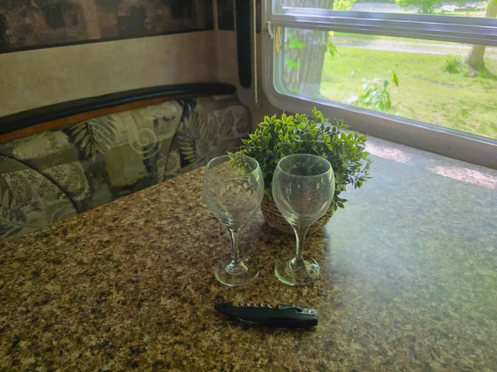Inside an RV rental: speckled table with two wine glasses, a plant, and corkscrew, overlooking a green campground view.. Keystone RV Sprinter 250RBS 2008