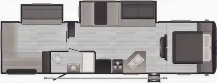 RV rental floor plan: A detailed layout showing bedroom, kitchen, bath, and living spaces for a spacious interior.. Keystone RV Hideout 2022